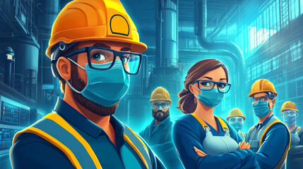 A group of skilled workers, wearing helmets and masks, collaborates at a depot, emphasizing safety and teamwork amidst machinery and equipment