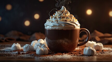 Hot chocolate with whipped cream and marshmallows