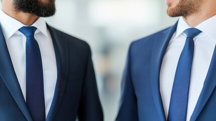 Two men in formal blue suits with ties engage in conversation, showcasing professionalism and style in a modern setting.
