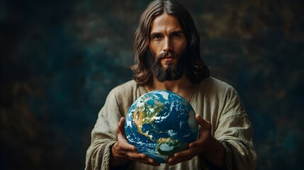 Naklejka premium Jesus Christ holds the globe in his hands. Christianity, the divine creation of the Earth