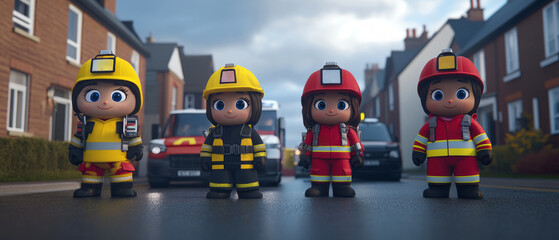 Fototapeta premium Animated firefighter characters pose confidently on a quiet suburban street, each wearing distinctive colorful uniforms and gear while surrounded by houses