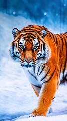 Obraz premium Bengal tiger prowling through snow with piercing gaze, vibrant orange coat contrasting the white snow