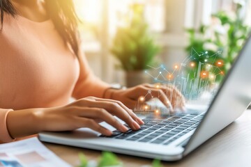Naklejka premium A professional woman typing on a laptop, surrounded by greenery, showcasing modern technology and productivity.