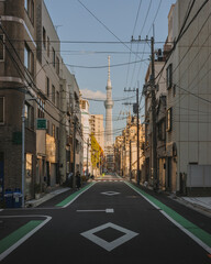 A Tokyo street near the Skytree, blending urban life with views of this iconic Japanese landmark.