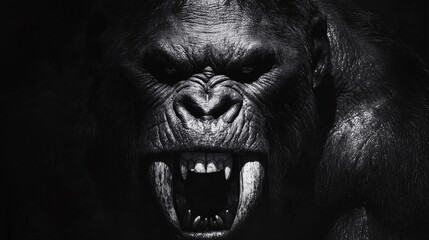Fototapeta premium Close-up of an angry gorilla baring its fangs, captured dramatically in monochrome
