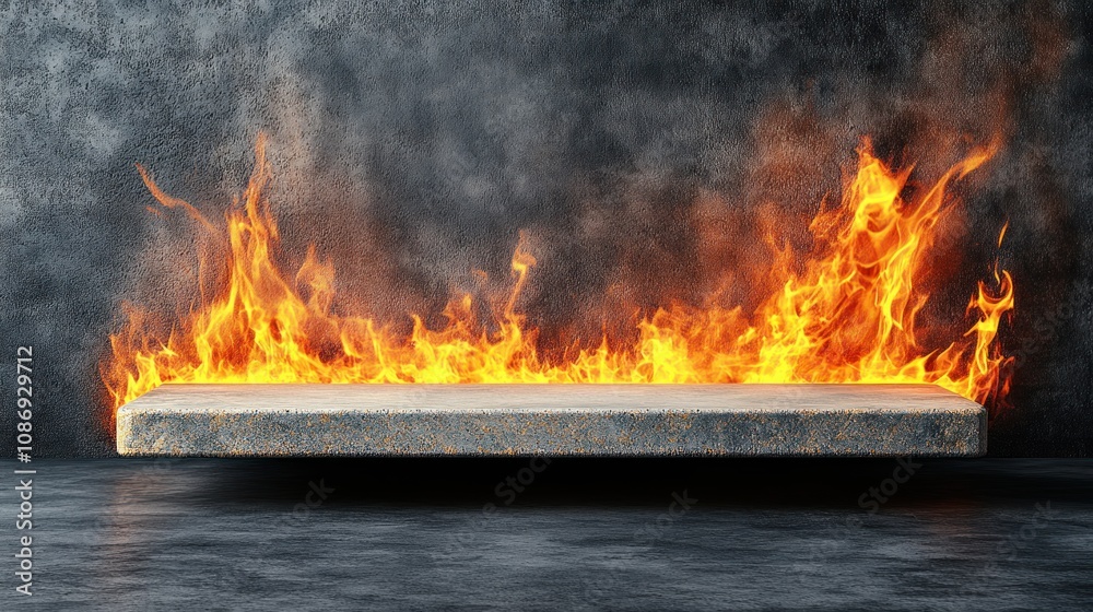 Poster fire igniting on concrete surface studio setting visual art dramatic atmosphere abstract concept