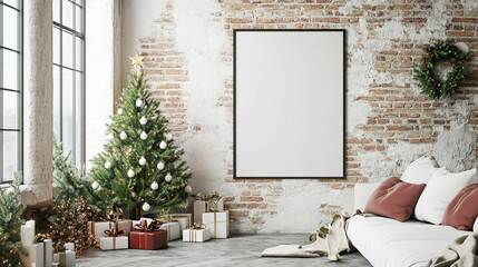 Cozy living room decorated for Christmas with a tree and empty frame on the brick wall