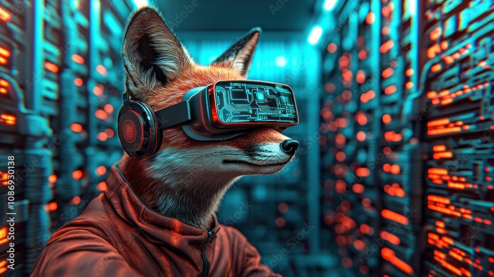 Poster Futuristic virtual reality experience featuring fox character in data center environment