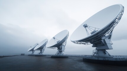 Satellite communication technology coastal research facility outdoor installation overcast sky high angle view connectivity solutions