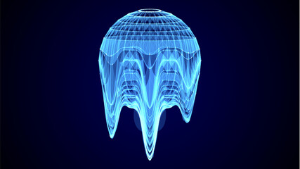 Abstract blue sci-fi glitch sphere with particles and lines. Technology network connection on world. Futuristic vector illustration. Global digital connections ai. 3D wireframe geometric sphere.