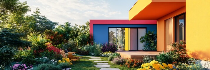 Compact urban house front elevation mockup with vibrant colors and a garden for text and commercial use