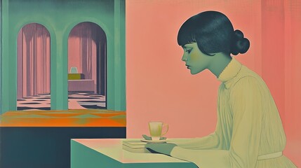Contemplative woman in retro futuristic interior with coffee and books