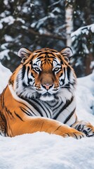 Majestic tiger resting on snow, with an intense gaze and forest background
