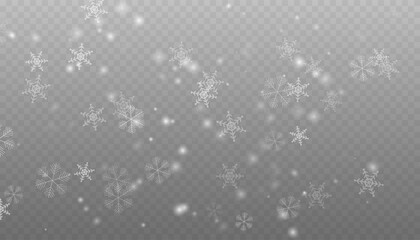 Winter background with snow in transparent Falling Snowflakes. Christmas snowflakes on a transparent background. Snowfall. Christmas or New Year card. Falling Snowflakes