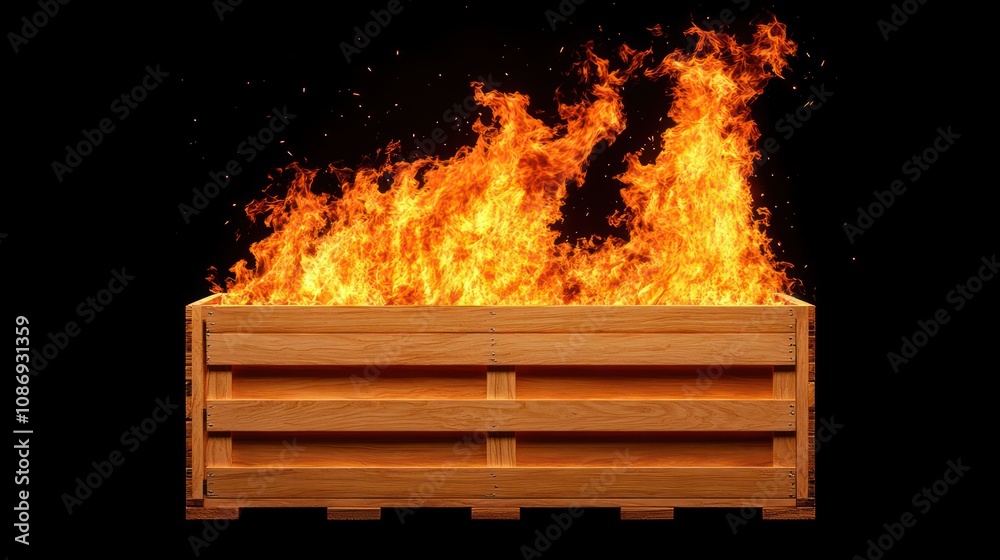 Poster Fire igniting in wooden crate studio setting image of flames dramatic environment close-up shot