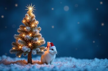 Fototapeta premium Christmas card with a Christmas tree and a rabbit in a Santa Claus hat