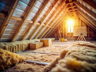 Attic Under Construction: Mansard Wall Insulation with Rock Wool in a Tilt-Shift Photography Style, Showcasing the Detail and Texture of Building Materials and Design Elements