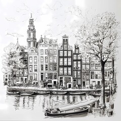 A charming black and white sketch of a view from a water canal to the stunning historical architecture of Amsterdam.