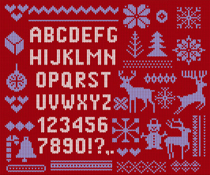 Big set bold alphabet with numbers on knit red texture. Knitted font on sweater print. Seamless pattern with zigzag, holidays element. Christmas font and numbers Vector knitted illustration.