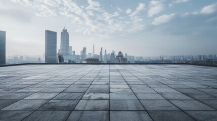 Empty square floor with city skyline background, Downtown Tranquility cityscape photography, midday lighting