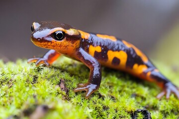 Fototapeta premium Vibrant Salamander on Mossy Terrain: A Close-Up Encounter with Nature
