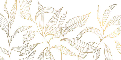 Vector gold and white line floral background, luxury leaves plant pattern. Art foliage, blossom texture ornament, vintage tropical banner.