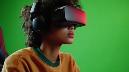 A young woman wearing a virtual reality headset looks to her right, engrossed in the experience