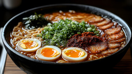 An inviting photography of a warm bowl of ramen, complete with rich broth, soft-boiled eggs, noodles, and an assortment of fresh vegetables, capturing the textures and colors of this popular dish