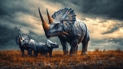 Fototapeta premium Triceratops Family in a Storm A Dramatic Digital Painting of Prehistoric Creatures.