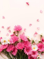 Fototapeta premium Pink and white flowers seamlessly scattered on a neutral background, nature, petal, elegant