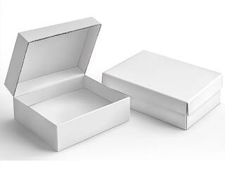 Blank white flat square gift box with open and closed hinged flap lid on white background. Clipping path around box mock-up. Open cardboard box top view isolated, Open and closed white box mockup. 