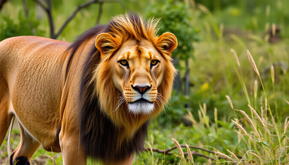 Obraz premium Male lion walking looking straight at the camera, national wildlife day 