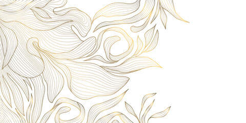 Vector gold and white line floral background, luxury leaves plant pattern. Art foliage, blossom texture ornament, vintage tropical banner.