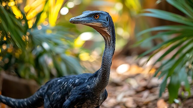 Close-up of a Deinocheirus mirificus, a large ornithomimosaur dinosaur, in a lush, green, tropical environment.  Its long neck and dark plumage are clearly visible.