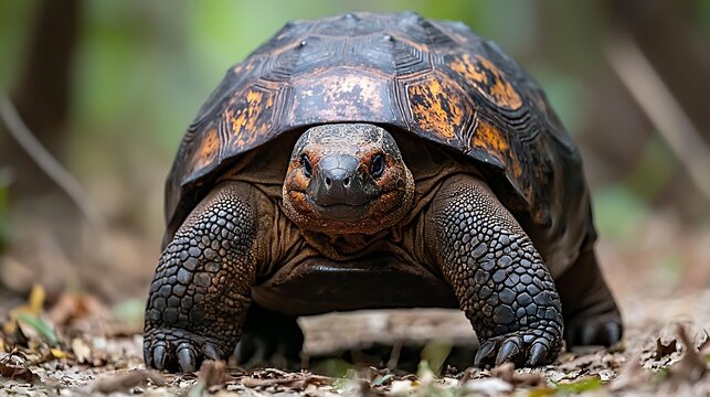 Majestic Angulate Tortoise (Astrochelys yniphora) Walking Through Forest Undergrowth. This striking image showcases a rare and endangered Angulate Tortoise in its natural habitat.