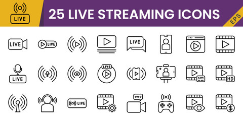 Live streaming icon set, vector, in line style, for entertainment, content creation, gaming, graphic design, etc.