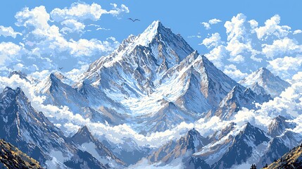 Naklejka premium Majestic Pixel Art Mountain Peak A Breathtaking Digital Landscape of a Snow-Capped Mountain Range.
