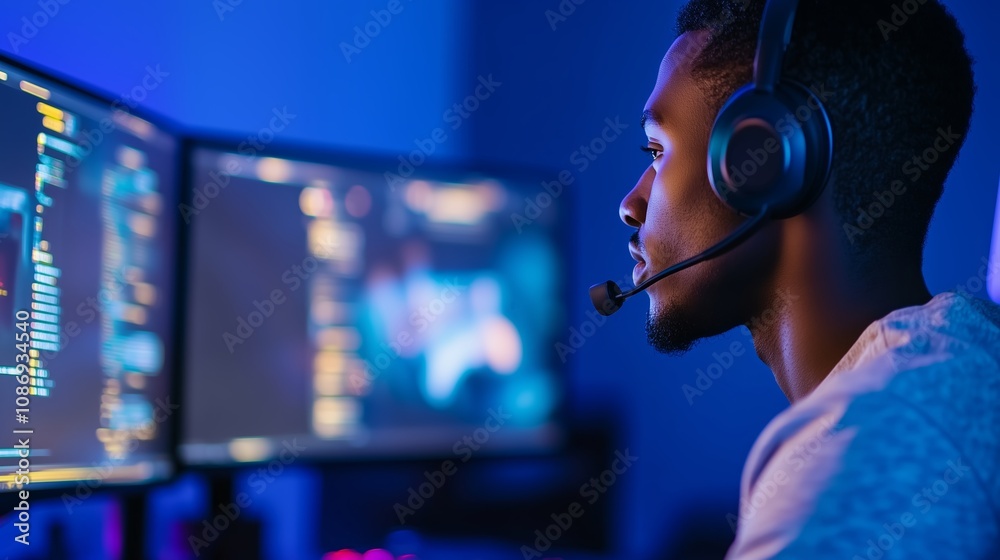 Poster a man sits in front of dual monitors displaying lines of code