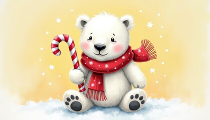 A cute polar bear cub wearing a scarf and holding a candy cane isolated on a light yellow background evoking winter holiday cheer.