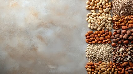 Obraz premium Assortment of nuts on gray background. This photo showcases a variety of nuts, perfect for healthy eating or snacking.