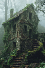 Moss-covered stone house stands hidden in a misty forest, surrounded by dense greenery and ivy