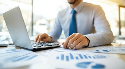 A business professional using a calculator and laptop to review budget and loan documents in a well-lit office space, showcasing the importance of precise accounting