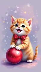 A fluffy kitten in festive bow tie playing with a red Christmas bauble isolated on a solid light purple backdrop filled with holiday cheer.