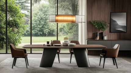 Fototapeta premium A dining room featuring a simple wood table, modern chairs, and natural light, showcasing a minimalist aesthetic.
