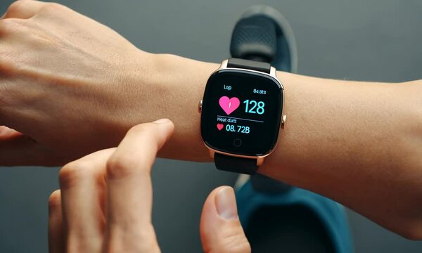 A person checking heart rate on a smartwatch during exercise. - Powered by Adobe