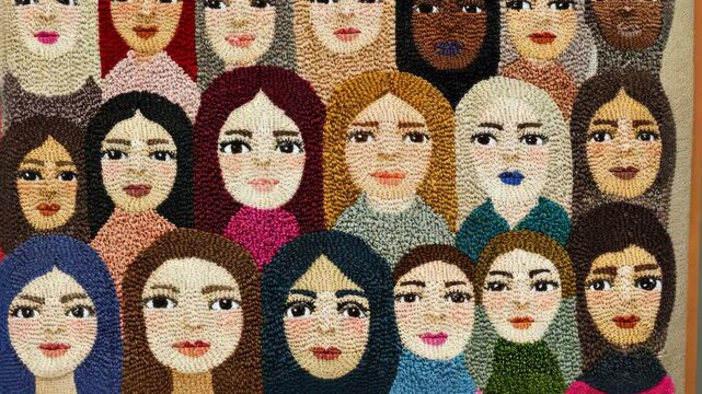 A close-up shot of a needlepoint rug depicts a collection of women's faces