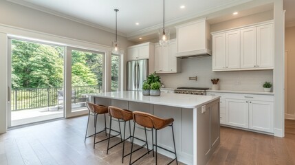 Fototapeta premium A kitchen with a minimalistic layout, featuring sleek cabinets, neutral colors, and an island with bar stools for a clean design.