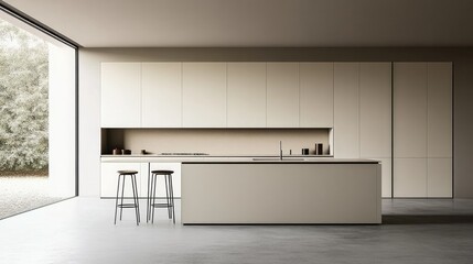 A kitchen with a minimalistic layout, featuring sleek cabinets, neutral colors, and an island with bar stools for a clean design.