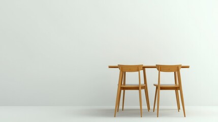 A minimalist dining room featuring a simple wood table and Scandinavian chairs on a white background, showcasing a cozy, natural design.