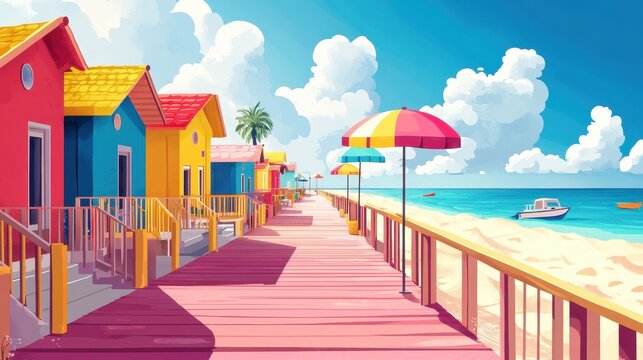Wooden boardwalk by colorful houses. It is perfect for websites and social media posts about beach vacations, summer travel, and coastal living.